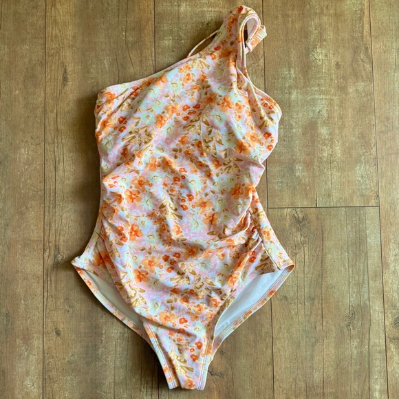Kona Sol Floral One Piece Swimsuit Pink & Orange Floral One Shoulder Sz Medium - Picture 2 of 7